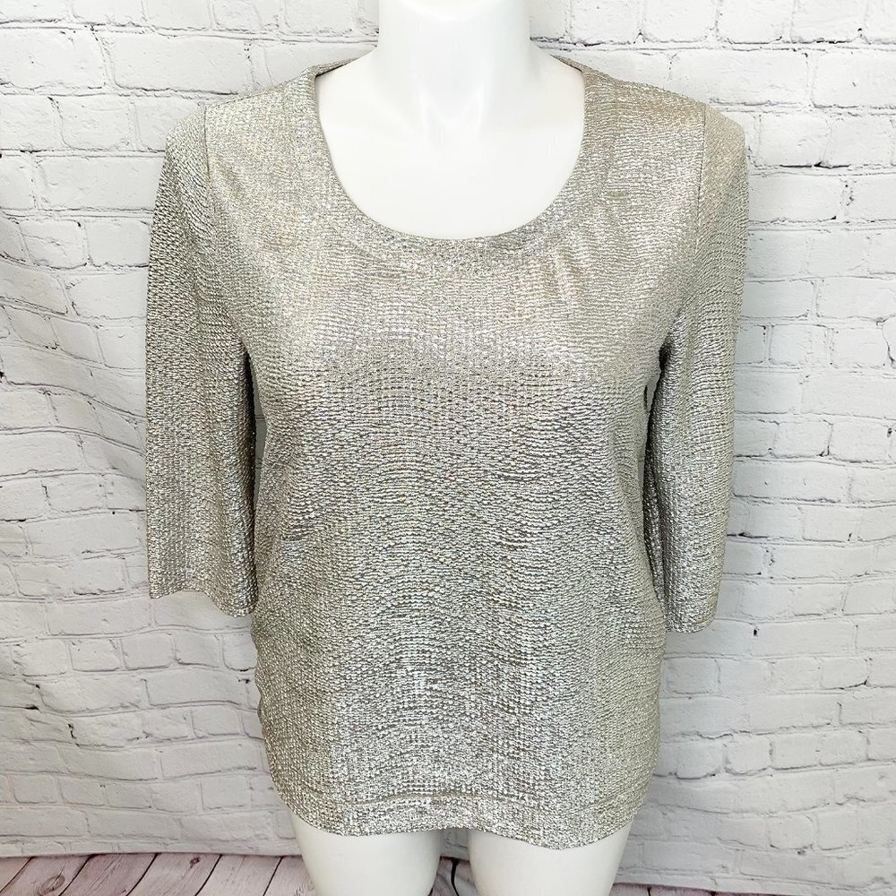 NWT ANN TAYLOR OUTLET SHIMMERY SILVER BRACELET LENGTH SLEEVE TOP LARGE